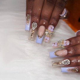 Press on Nails Long Coffin Square Nude Purple 3D Bow Rhinestones French Tip Fake Nails Long with Designs Full Cover False Nails Square French Tip Glue on Nails Cute Acrylic Thick Stick on Nails for Women Nails Art 24Pcs BZ1391