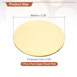 MECCANIXITY 5 Pcs Round Brass Plate, 60mm (2.36") Dia Brass Copper Sheets, 1mm H62 Brass Copper Plates for Crafts, DIY, Electrical Repairs, Industrial Use