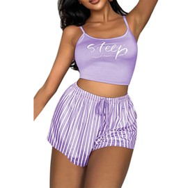 ROSVAJFY 2Pcs Women's Sexy Pajama Sets Sleeveless Letter Print Cami Top and Elastic Waisted Striped Shorts, Comfortable Summer Loungewear Homewear Sleepwear (UK, Alpha, S, Regular, Regular, Purple)