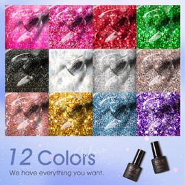 ROSALIND Glitter Gel Nail Polish Set, 12 Colors Gold Hot Pink Silver Gel Polish Sparkly Shiny Pink Red Gel Nail Polish for Nail Art Gift