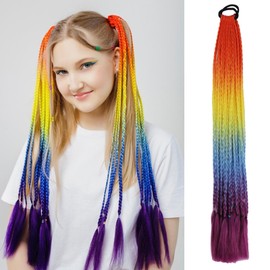 Colored Hair Extensions Braided Ponytail Extension with Rubber Bands 1 Pack Ombre Pony Tail Synthetic Hairpieces 24 inch Hair Accessories for Braids Rainbow Festival Rave Crazy Hair Day