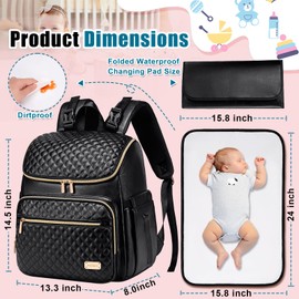 Weitars Diaper Bag Backpack Leather Baby Diaper Bag with Changing Pad Travel Diaper Backpack,Baby Bag for Mom,Stroller Straps,5 Insulated Pockets (Black Leather)