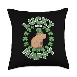 St Patricks Day, Lucky Happy Capybara In A Shamrock Wreath Throw Pillow