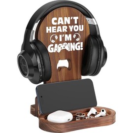 Slothoem  - Gamer Gifts for Teenage Boy, Gamer Room Decor for Man, Son, Boyfriend, Husband, Gaming Accessories, Wooden Gaming Headset Stand for Gaming Desktop - Style: Can't Hear You I'm Gaming