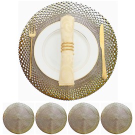Vinyl Round Placemats Set of 4 - Non Slip Place Mats Ideal for Indoor and Outdoor Dining Table - Washable and Heat Resistant Table Mat for Kitchen Tables (Vincent Gold)