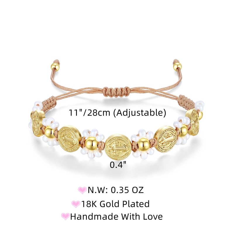 Feyukeu 18K Gold Plated Saint Benedict Medal Bracelet‌ - Adjustable