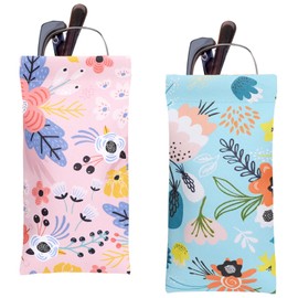 Qianyu 2 Pack Glasses Eyeglass Sunglasses Case Pouch Portable Squeeze Soft Leather Sunglasses Case Pouch Large Spring Eyeware Storage Holder for Unisex Women Girls (Pink + Blue)