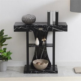 Pemberly Row One-Drawer Harri Console Table w/Shelves - Black Faux Marble Wood