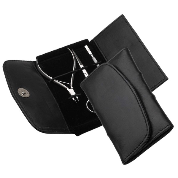 Full Grain Genuine Leather Shear Cases and Bags. (Small wallet size manicure case, Black)