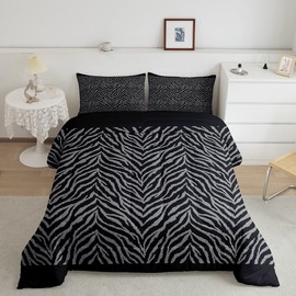 Castle Fairy Zebra Print Comforter Set Queen Size Africa Wildlife Bedding Set Black Grey Animals Skin Quilt Set 3pcs for Kids Girls Boys Bedroom Decor Romantic Stripes Duvet Insert,2 Pillowcases