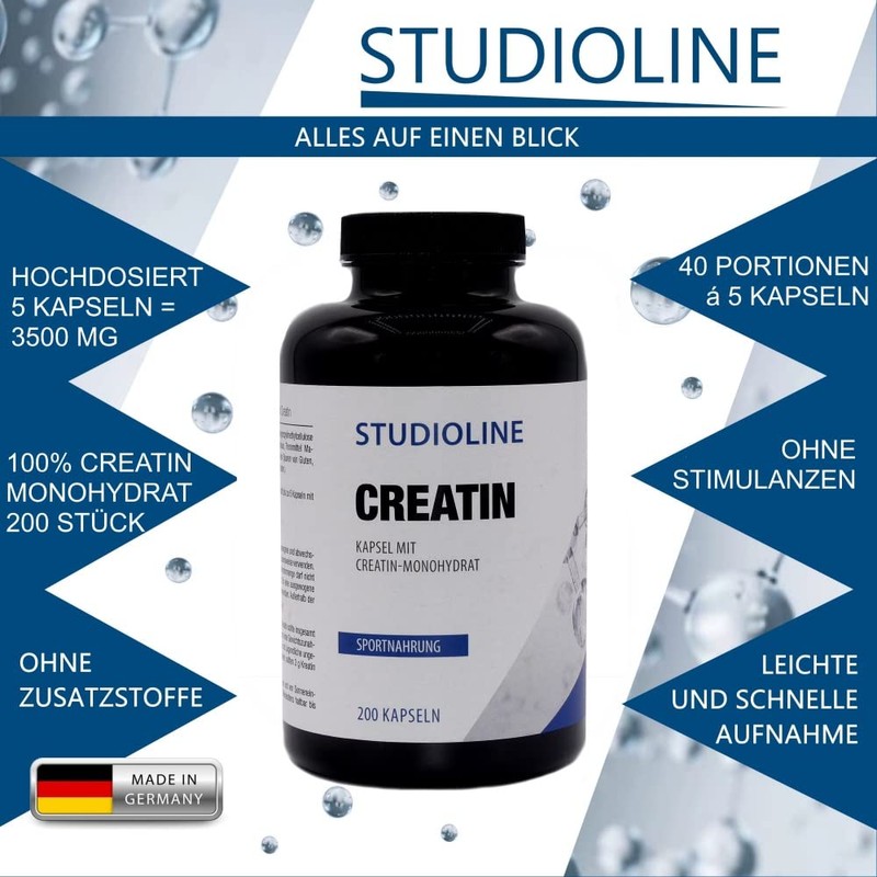STUDIOLINE Creatine Monohydrate | 200 Capsules | Highest Dosage 3500