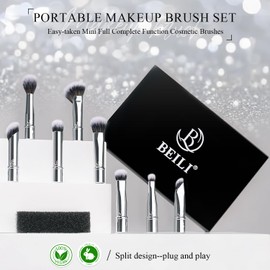 BEILI Travel Eye Makeup Brushes Set 8pcs Removable Double Sided Makeup Brush with Mirror Box & Removal Cleaner Sponge for Concealer Eyeshadow Contour Powder Blending Eyebrow Eyeliner Silver S103