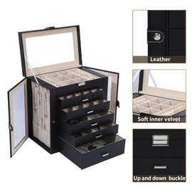 ASINGYER Jewelry Box for Women, 6 Layer Lockable Large Jewelry Holder Organizer with 5 Drawers for Jewelry Storage, Big Jewelry Box for Womens’ Christmas Gift (Clear Black)