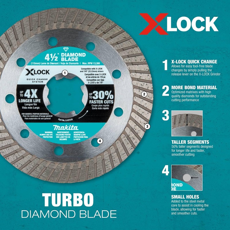Makita E-07222 X-Lock 4-1/2" Turbo Rim Diamond Blade for Masonry