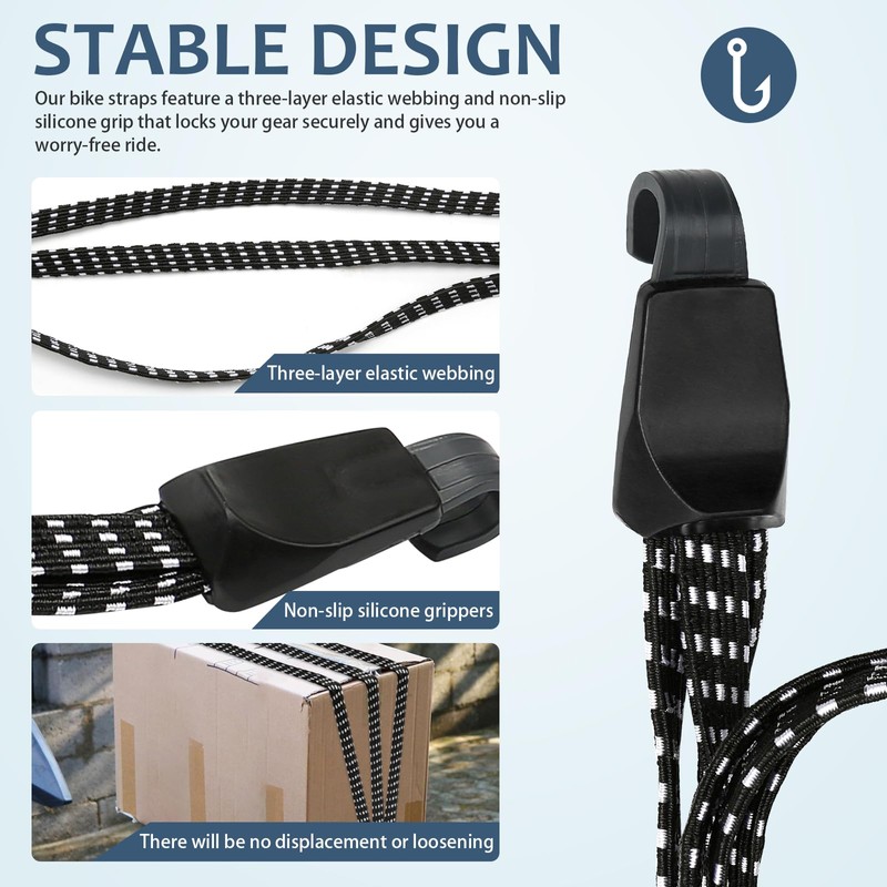 4 Pcs Bike Luggage Straps with Hooks, Elasticated Straps with