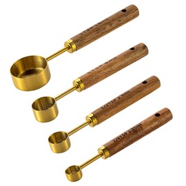 Hwtcjx Messlöffel Set, Edelstahl Teelöffel, 4 Stück Cup Messbecher mit Holzgriff, Löffel Set mit Skala, Gewürzlöffel Esslöffel Dosierlöffel für Klein Gewürzgläser Flüssigkeit Backmessen (Gold)