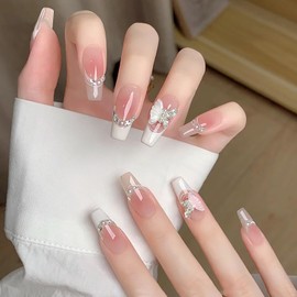 Press on Square Nails Medium Length Glossy Full Cover Acrylic French False Nails with Butterfly Gems Pearl Designs Artificial Square Shaped Fake Nails with Charms Glue ons Fingernails for Women