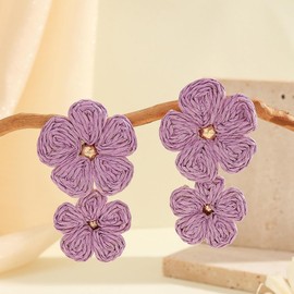 Boho Floral Raffia Earrings for Women Lightweight Flower Design Dangle Earrings Spring Summer Trendy Accessories for Outfits