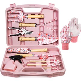 Grenebo 12-Piece Gardening Tools Set, Floral Print Garden Tool Set Gift, Rust-Proof & Heavy-Duty Trowel, Rake, Weeder, Pruner with Hard Case, Gardening Gifts for Women, Mom & Plant Lovers (Pink)
