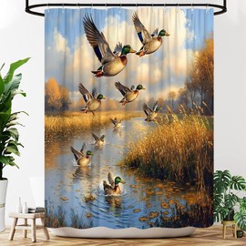 YOZSLGU Hunting Flying Wild Ducks Shower Curtain Wild Animals Rustic Farmhouse Fabric Bathroom Decor Curtains with Hooks, 70" Wx70 H