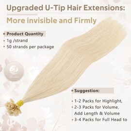 Benehair U Tip Human Hair Extensions, 100% Real Human Hair Extensions U Tip, Bonded Nail U Tip Hair Extensions, 20 Inches 50 Strands U Tip Hair Extensions 1g/Pack Platinum Blonde #60