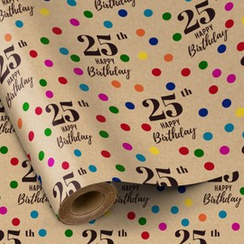 RUSPEPA 25th Wrapping Paper Birthday, Mini Roll, 17 Inches x 16.4 Feet, Kraft Paper Colorful Dots and 25th Happy Birthday Design for Boys, Girls, Birthday, Party, 25 Years Old