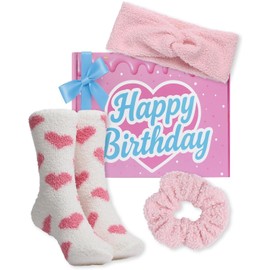 Lily England Cozy Birthday Gift for Girls - Self-Care Birthday Gift Set - Fluffy Socks, Headband & Scrunchie - Thoughtful Present for Teen Girls in Attractive Pink
