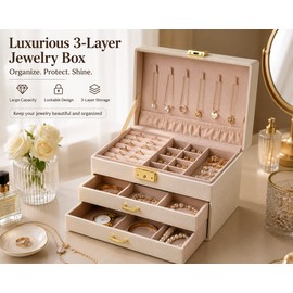 White Leather Jewelry Storage Box with Three Layers and Removable Tray