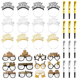 Abitoncc 36 Piezas Suministros para Fiesta de Nochevieja 2026, Diadema Tiara de Feliz Año Nuevo, Gafas de Utilería de Año Nuevo, Matracas con Flecos para Favores de Fiesta de Año Nuevo 2026