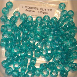 TURQUOISE Glitter Pony Beads 9x6mm 100pc Acrylic USA made craft kids jewelry