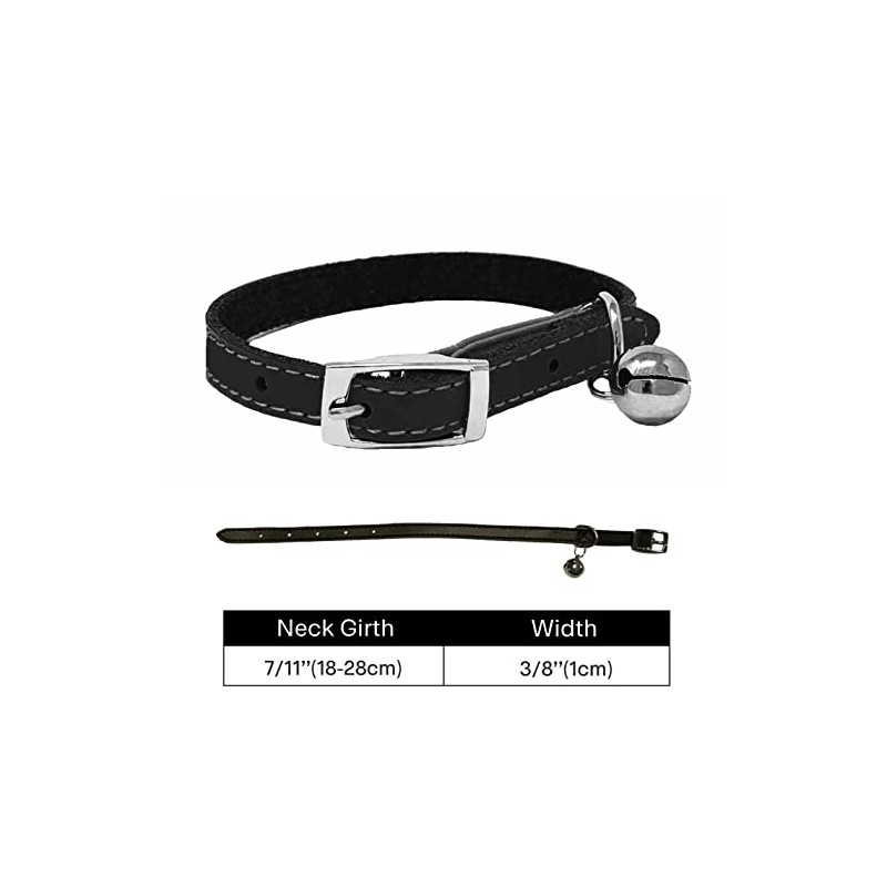 Cat Collar Real Leather with Safety Elastic, Bell, Available (Black)