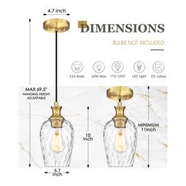 Audickic Gold Pendant Lights Kitchen Island, Modern Hanging Lights Fixtures with Hand-Blown Hammered Clear Glass, Farmhouse Brass Kitchen Island Lighting Over Sink, AD-24027-1P-GD