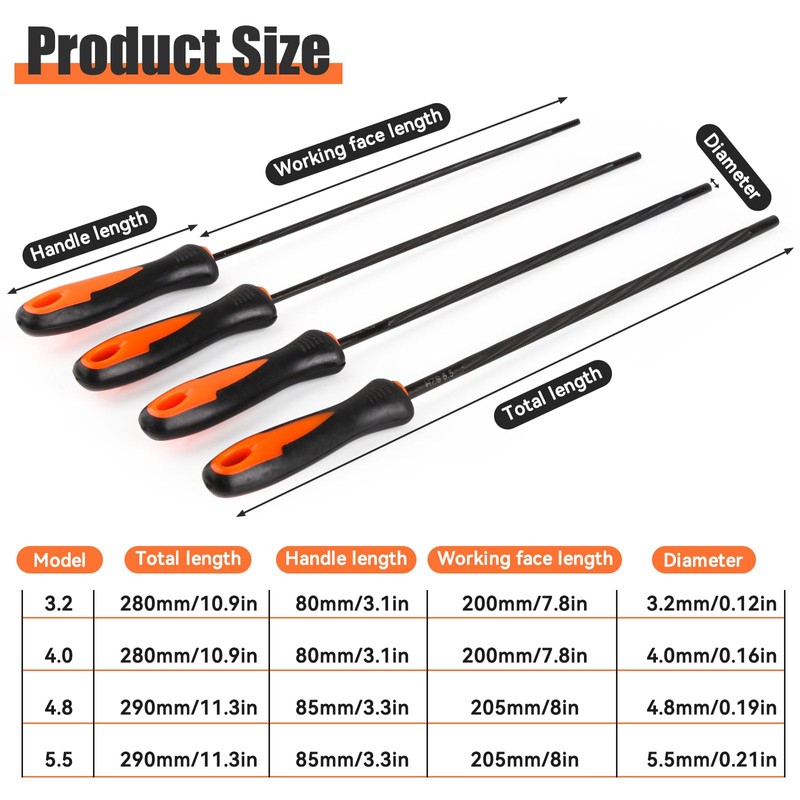 Pack of 4 File for Chainsaw, Round File Chainsaw with