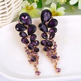 EVER FAITH Women's Austrian Crystal Gorgeous Wedding Tear Drop Clip-on Dangle Earrings Purple Gold-Tone