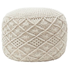 Ornavo Home Pouf Ottoman Foot Rest - 100% Cotton Pouffe - Hand Knitted Macrame Braid - Boho Round Stuffed Ottoman for Living Room, Bedroom - Natural
