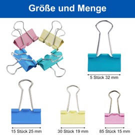 Pack of 135 Colourful Foldback Clips, 15 mm / 19 mm / 25 mm / 32 mm Paper Clips, Binder Clips Made of Metal, Document Clips, Paper Clips, Multi-Purpose Clips for Office Supplies, Stationery Paper