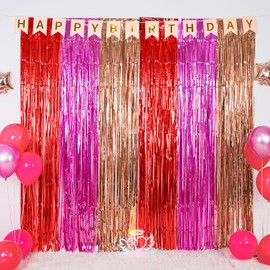 Valentines Foil Fringe Curtains, 2 Packs of 3.3x6.6 ft Valentine's Day Photo Booth Props, Red Pink and Champagne Gold Foil Fringe Curtains Photo Backdrop for Valentine's Day Birthday Party Decorations