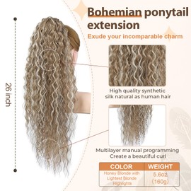 FLUFYMOOZ Ponytail Extension, 26 Inch Bohemian Style Drawstring Ponytail Hair Extensions for Women, Long Curly Wavy Ponytail Synthetic Hairpiece for Women (26 Inch Honey Blonde with Blonde Highlights)
