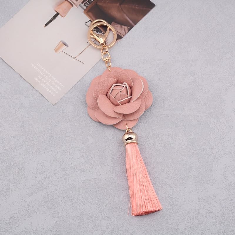 TUCEWP Flower Keychain for Women Girls Pink PU Leather Flower