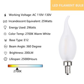 Sunaiony Frosted LED Candelabra Bulbs E12 Dimmable Bulbs 25watt Equivalent Chandelier Light Bulbs, Warm White 2700K CA11 Flame Tip Frosted Decorative Candle Bulb, 6 Pack