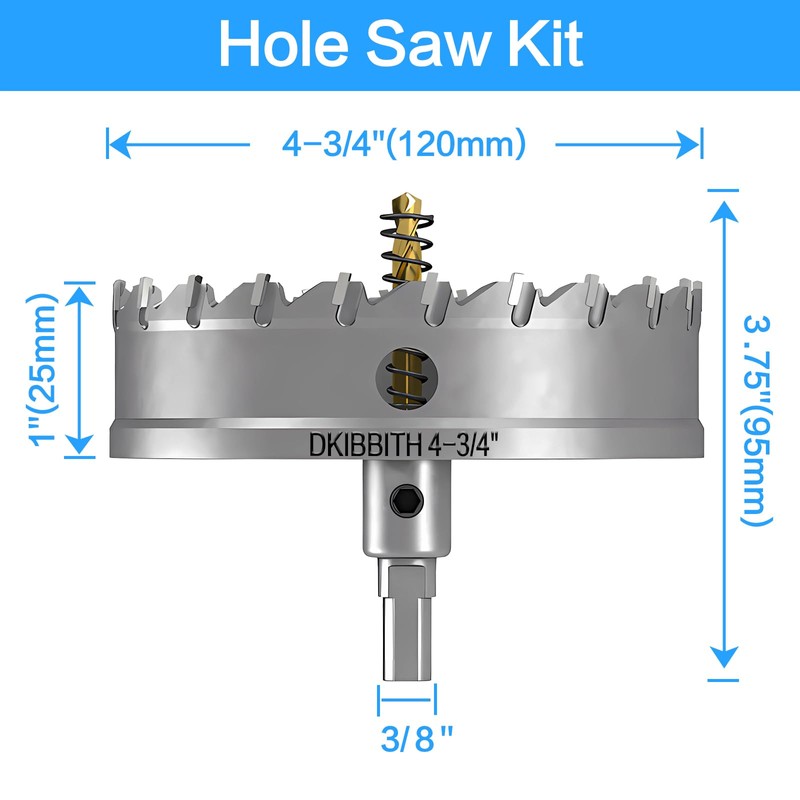 DKIBBITH TCT Hole Saw Set, 4-3/4"(120mm) Heavy Duty Tungsten Carbide