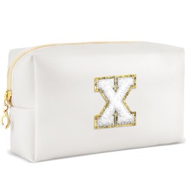 URSKYTOUS Initial Preppy Makeup Bag for Women Travel Large Cosmetic Bag Cute Pink Makeup Pouch for Purse Zippered Toiletry Bag Organizer PU Leather Aesthetic Makeup Brushes Storage Bag Makeup Case