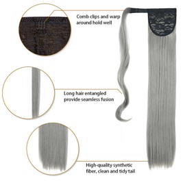 SIMIWALI Kinky Straight Clip In Hair Extensions Ponytail Hairpiece with Hairpins Thick Magic Paste Natural Long Fluffy Soft Wrap Around Yaki Synthetic Pony Tail Hair for Black Women Grey 22”