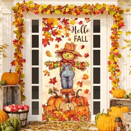 JarThenaAMCS Fall Door Banner Cover Scarecrow Pumpkin Leaves Hanging Banner Autumn Photo Background for Thanksgiving Party Home School Classroom Supplies, 31.5 x 67 Inch