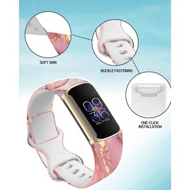 PLKTJOSA Compatible with Charge 6/Charge 5 WatchBands for Women Men,Elastic Adjustable Wristbands,Breathable Sport Band Soft Waterproof Health Tracker(Pink Gold Marble)