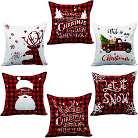 AMLOOPH Christmas Cushion Covers 40x40cm, Set Of 6 Christmas Decorations Indoor Red Black Strip Tartan Sofa Cushion Covers, Soft Plush Christmas Decor Throws Pillow Covers Cases For Xmas Decorations