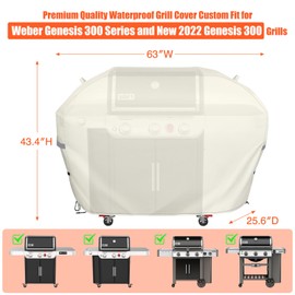 63 Inch Grill Cover for Weber Genesis 300 Series and New 2022 Genesis 300 Grills, Heavy Duty Waterproof Fade Resistant Outdoor BBQ Grill Cover with Elastic Drawstrings, Compared to Weber 7757,Beige