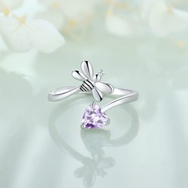 FJ Sterling Silver Women Bee Ring Open Animal Ring with Alexandrite (Adjustable Ring) (Size 6)