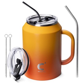 50oz Large Insulated Tumbler with Handle and Straw,Handy Stainless Steel Bottles with 2-in-1 Lid,Sturdy Containers Suitable for Outdoor and Office - Color: Sunset Yellow