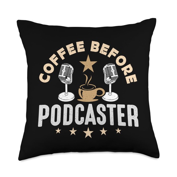 Coffee Before Podcast Microphone Coffee Lover Podcaster Throw Pillow